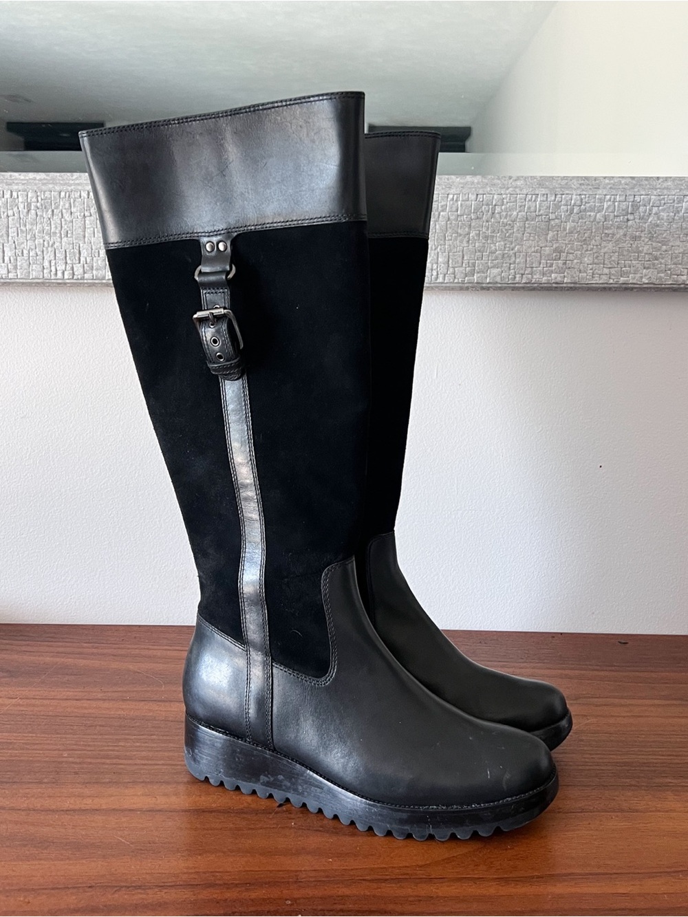 Cole Haan Women's Black Leather Suede Knee High Boots Buckle Strap Size 8B